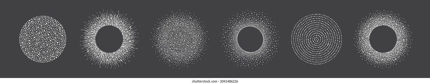 Round frames, snow circles set. Shapes made of uneven hand drawn dots, snowflakes, blobs, spots, pearls, beads. New Year, Christmas templates, graphic design elements. Winter backgrounds collection.