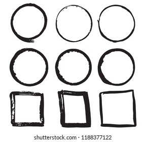 Round Frames and text boxes, grunge textured hand drawn elements set, vector illustration.