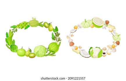 Round frames of white and green fruit, vegetables and mushrooms with space for text vector illustration