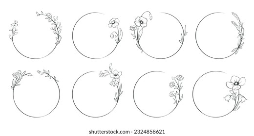 Marcos redondos, flores silvestres. Esbozar en líneas, dibujo a mano alzada. Ilustración vectorial, bordes de flores de verano.	