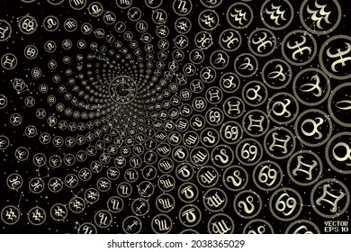 Round Frames with Zodiac Signs. Horoscope Symbol. Panoramic Sky Map of Hemisphere. Black and Golden Constellations on Starry Night Background. Vector. 3D Illustration