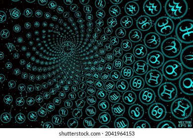 Round Frames with Zodiac Signs. Horoscope Symbol. Panoramic Sky Map of Hemisphere. Black and Blue Constellations on Starry Night Background. Vector. 3D Illustration