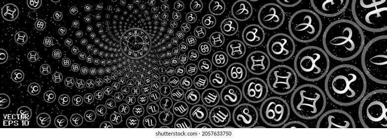 Round Frames with Zodiac Signs. Horoscope Symbol. Panoramic Sky Map of Hemisphere. Black and White Constellations on Starry Night Background. Vector. 3D Illustration