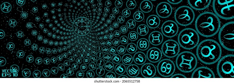 Round Frames with Zodiac Signs. Horoscope Symbol. Panoramic Sky Map of Hemisphere. Black and Blue Constellations on Starry Night Background. Vector. 3D Illustration