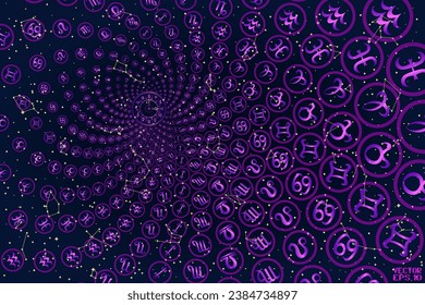 Round Frames with Zodiac Signs. Purple Horoscope Symbol. Panoramic Sky Map of Hemisphere. Yellow Constellations on Blue Starry Night Background. Vector. 3D Illustration