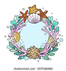 Round frame-wreath of sea objects starfishes, seashells, swaweed and corals colored version on a white background