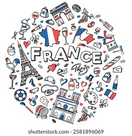 round France doodles, clip art, cartoon decorative elements collection set icon. vector illustration