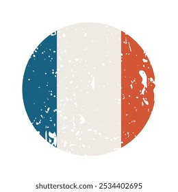 Um ícone redondo da bandeira da França em cores antigas retrô com uma textura grunge. Olhar envelhecido e desgastado acrescenta um toque clássico para a herança francesa, política ou desenhos temáticos.