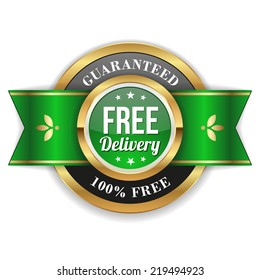 Round free delivery badge with green ribbon and gold border on white background