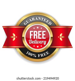 Round free delivery badge with red ribbon and gold border on white background