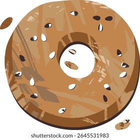 Bagel de trigo fresco redondo cozido com trigo e sementes de sésamo. Decoração de padaria. Ilustração pintada à mão de vetor texturizado isolada no fundo transparente.