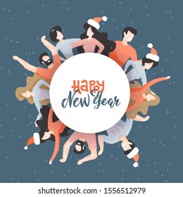 Round of Friends as a symbol of New year party. Happy Ney year greeting card. People hugging and smiling. Modern hand drawn flat isolated illustration with hand lettering.