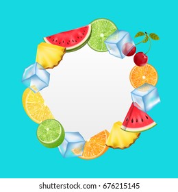 Round Fruit Frame with Ice Cubes, Pineapple, Watermelon, Cherry, Orange, Lemon, Lime, Summer Card - Illustration Vector