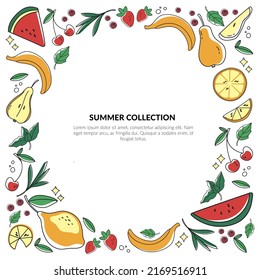 Round fruit frame with lemon, watermelon, banana, pear and berries. White background. Can be used for shop, market, logo, emblem, sticker. Vector illustration.