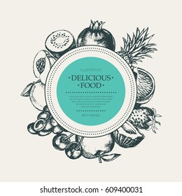 Round Fruit Frame - vector modern hand drawn design illustration with copyspace for Your Logo. Grapes, cherries, pineapple, strawberry, coconuts, apple.