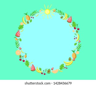 Round fruits frame with cartoon and place for text. Vector illustration for postcard or greeting card design.