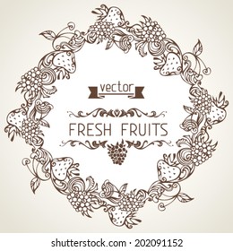 Round fruits frame. Circle menu design. There is place for your text in the center. Sepia illustration.