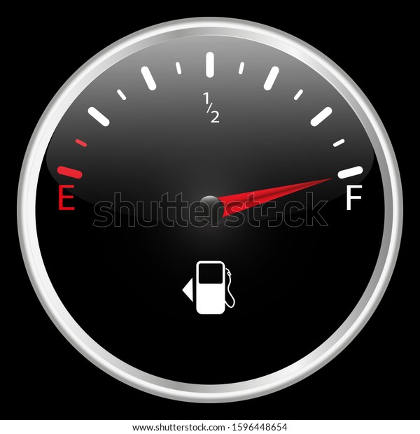 The round fuel gauge is realistic.\
Detail of the dashboard of a motorcycle car and other transport.\
Black. Isolated on black  background.\
Vector\
\
