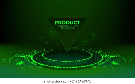 Round futuristic podium. Green glowing ring on floor. Abstract hi-tech background for display product.