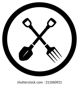 round garden icon with tools - shovel and pitchfork
