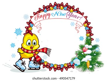 Round garland with cute chicken ice skating. Winter holiday illustration with Christmas tree. Vector clip art.
