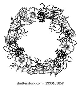 Round garland decorated with floral elements. For greeting cards, posters, advertisement, coloring pages for adults Vector illustration.