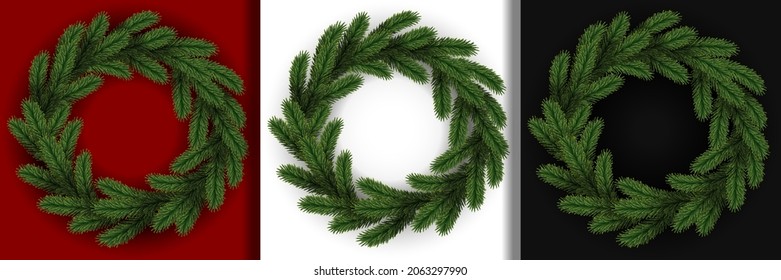 Round garland from fir branches templates set. Floral patterns for natural greeting cards, covers and posters with text place.