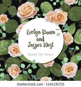 round garland floral frame arranged from garden pink peach Rose waxflower elegant greenery eucalyptus. Cute wedding vector design. All elements are isolated and editable.

