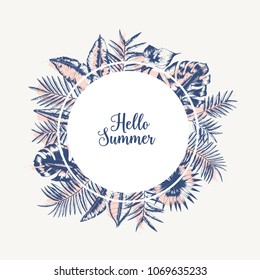 Round garland or frame made of palm tree leaves or foliage of tropical plants hand drawn with contour lines on white background and lettering Hello Summer inside. Monochrome vector illustration.