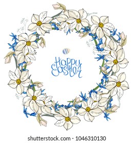 Round garland with spring flowers scilla and daffodils. Decorative saeson floral frame for festive design