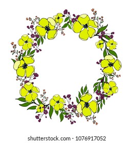 Round garland with spring yellow flowers.Decorative floral frame for design
