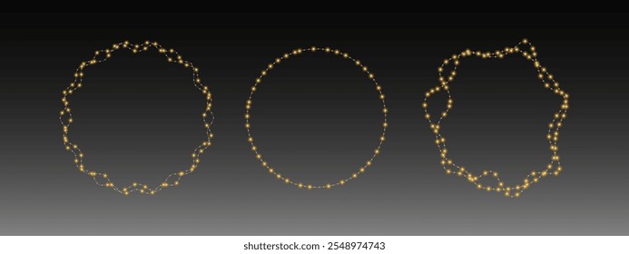 Round garlands with golden shine on transparent background. Christmas golden sparkling lights garlands. Garlands with light effect. Vector EPS 10