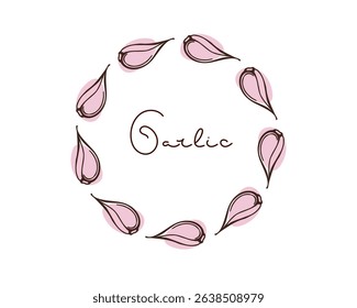 Round Garlic clove Spice Frame. Doodle sketch vector illustration with inscription on white. Seasoning for food. Organic product sketch for packaging, sales, shops sign. Flavor cooking ingredient.