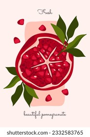 round garnet with bright grains inside. juicy pomegranate with leaves poster