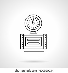Round gauge on pipe. Pressure measurement for water or gas pipeline. Counter device. Single flat thin line style vector icon. Element for web design, business, mobile app. 