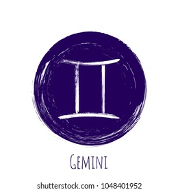 Round Gemini horoscope icon, hand painted zodiac vector sign. Astrological icon isolated. Gemini astrology horoscope symbol clip art on white background.