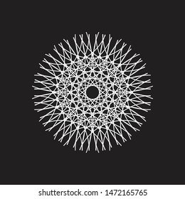 Round geometric arabesque. Beautiful white line shapes composition on black background. Oriental ornament. Isolated abstract symbol. Design mandala print - pillow, bandana, carpet, coloring book, card