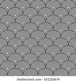 Round geometric black and white seamless pattern graphic design.