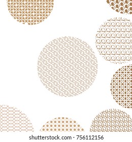 Round geometric golden patterns on white with clipping mask. Gold abstract shapes. Asian style ornaments. Graphic design for cover,poster, card, template