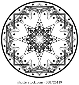 Round geometric mandala ornament. Abstract design element. Hand-drawn symbol isolated on white background. Can be used as an adult coloring book page. Vector