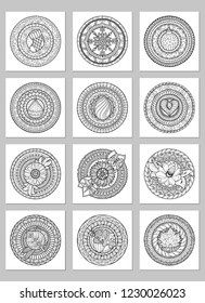 Round geometric ornaments set of had drawn doodle mandalas.Circle lace ornament, round ornamental geometric doily pattern collection. Black and white