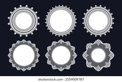 Round geometric ornaments set of had drawn doodle mandalas.Circle lace ornament, round ornamental geometric doily pattern collection. Black and white.