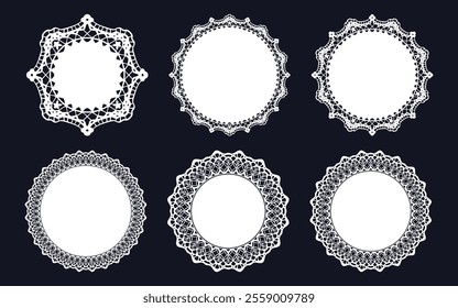 Round geometric ornaments set of had drawn doodle mandalas.Circle lace ornament, round ornamental geometric doily pattern collection. Black and white.