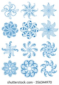 Round geometric ornaments set of had drawn doodle mandalas. Circle lace ornament, round ornamental geometric doily pattern collection. Blue and white.