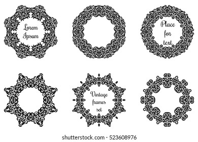 Round geometric ornaments set intricate lacy vector round frames.Circle lace ornament , geometric doily frames collection. Black and white set with place for text.