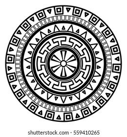 Round geometric pattern of meanders. Composite decorative element of the circles with ornaments. Stencil Tattoo and prints.