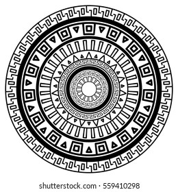 Round geometric pattern of meanders. Composite decorative element of the circles with ornaments. Stencil Tattoo and prints.