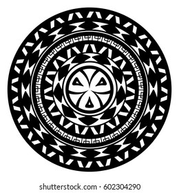 Round geometric pattern of meanders. Composite decorative element of the circles with ornaments. Stencil Tattoo and prints.