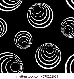 Round geometric seamless pattern. Concentric circles on black background. Fashion graphic design. Modern stylish abstract texture. Template 4 prints, textiles, wrapping, wallpaper. VECTOR illustration