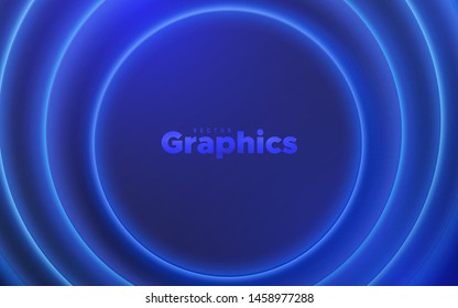 Round geometric shapes with glowing neon light. Abstract 3d background. Vector illustration of blue electric lights. Modern cover design. Creative banner layout